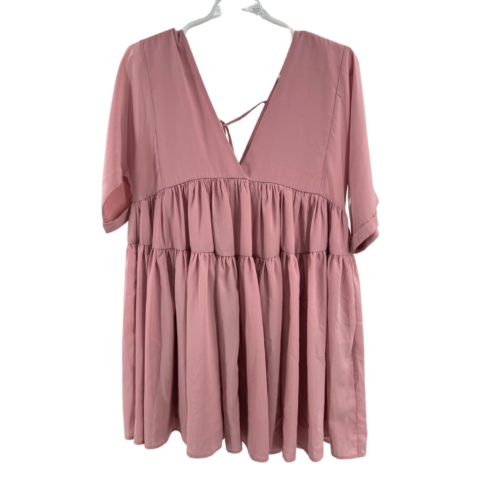 Pink Lily M pink blush vneck and back babydoll mini dress tunic tiered ruffle